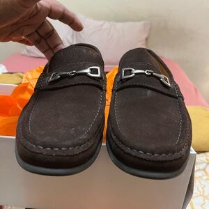 Brown Suede Loafers with Moccasin Toe and Metal Buckle
